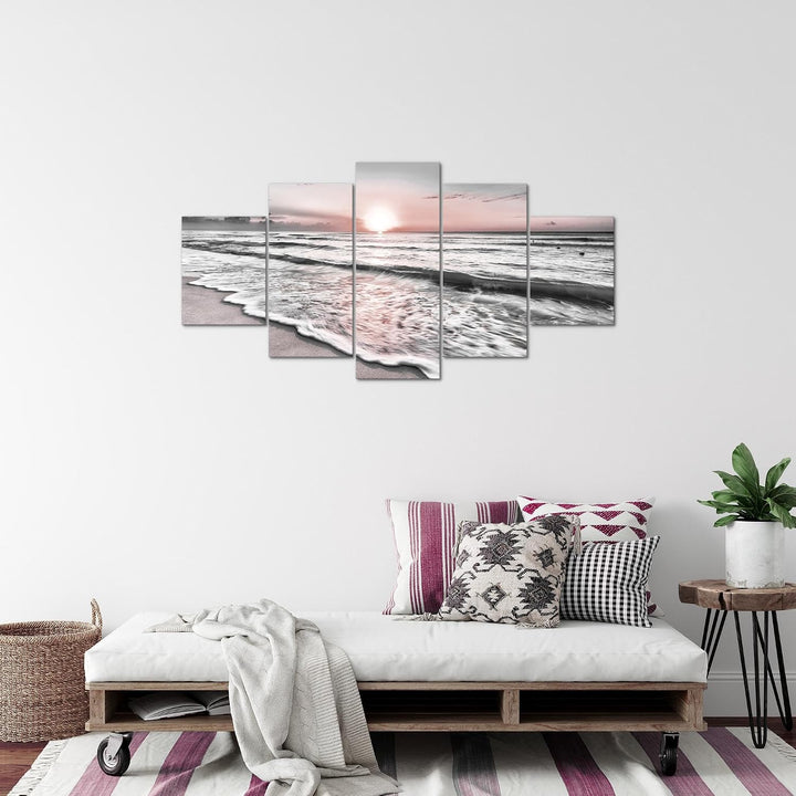 Runa Art Bild Schlafzimmer Wohnzimmer Sonnenuntergang Strand 5 Teilig Landschaft Grau Rosa Wandbilde
