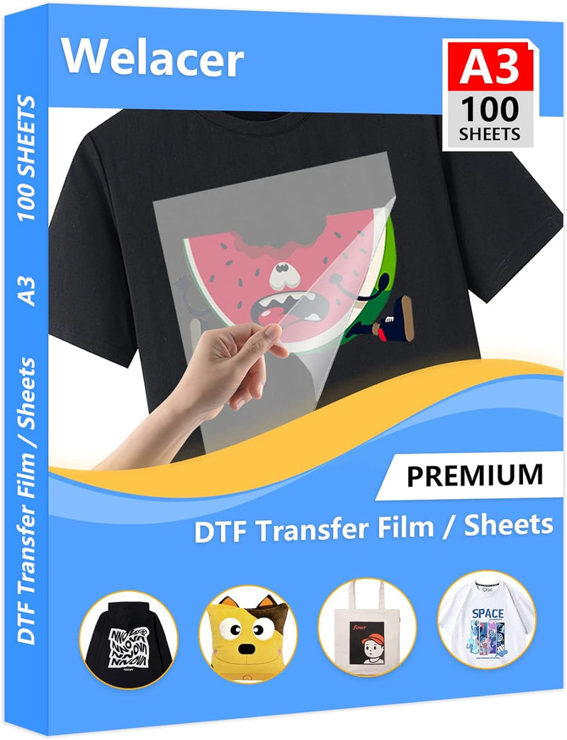 Welacer DTF Transferfolie Papier A3 (29.7cm x 42cm) 100 Blatt DTF Transfer Drucker für T-Shirt, klar