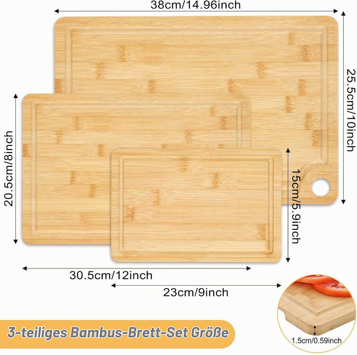 Funnydin Bambus-Schneidebretter-Set von 3, unterschiedliche Grössen, Holz-Schneidebretter &amp; Servierw