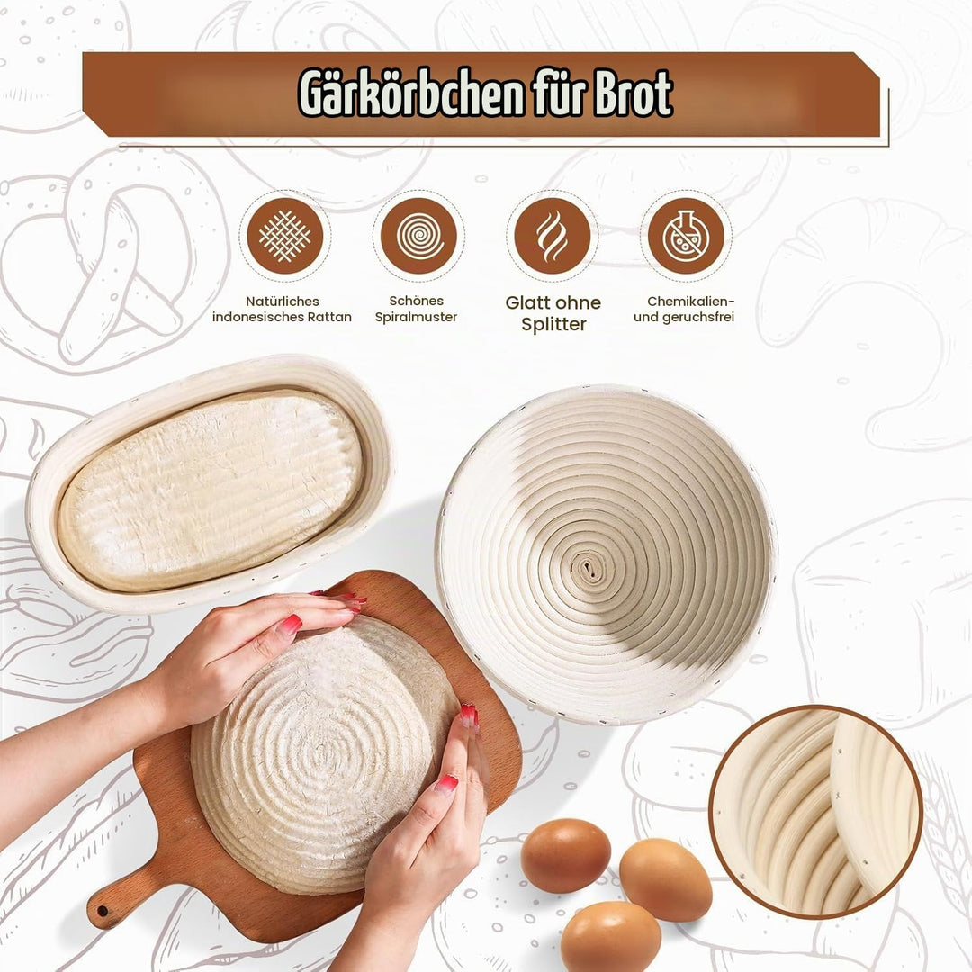 Gärkörbchen Rund &amp; Oval - Brot Backen Set mit Bäckermesser, Pinsel, Leinen, Teigschneider - 100% nat