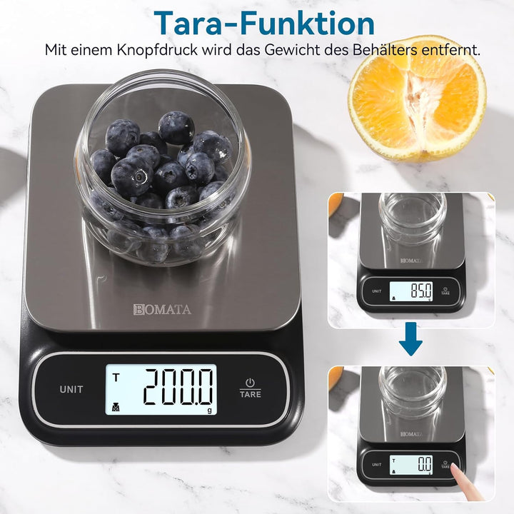 BOMATA Wasserdichte IPX6 Küchenwaage, 0,1g hohe Präzision, 5kg, digitale Waage mit Hintergrundbeleuc