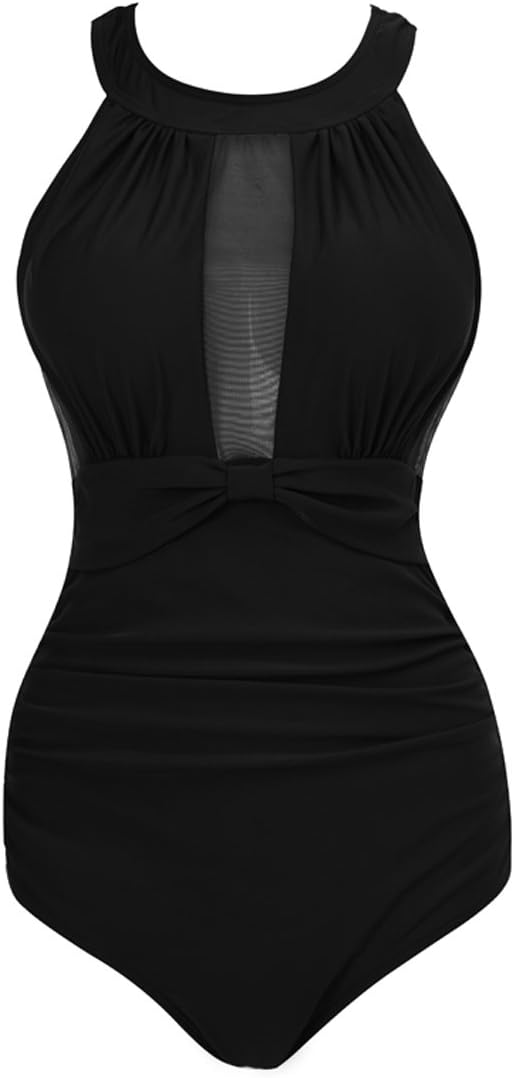 VILOREE Damen Schlankheits Badeanzug Raffung Einteiler High Neck Bademode Strandmode M Schwarz, M Sc