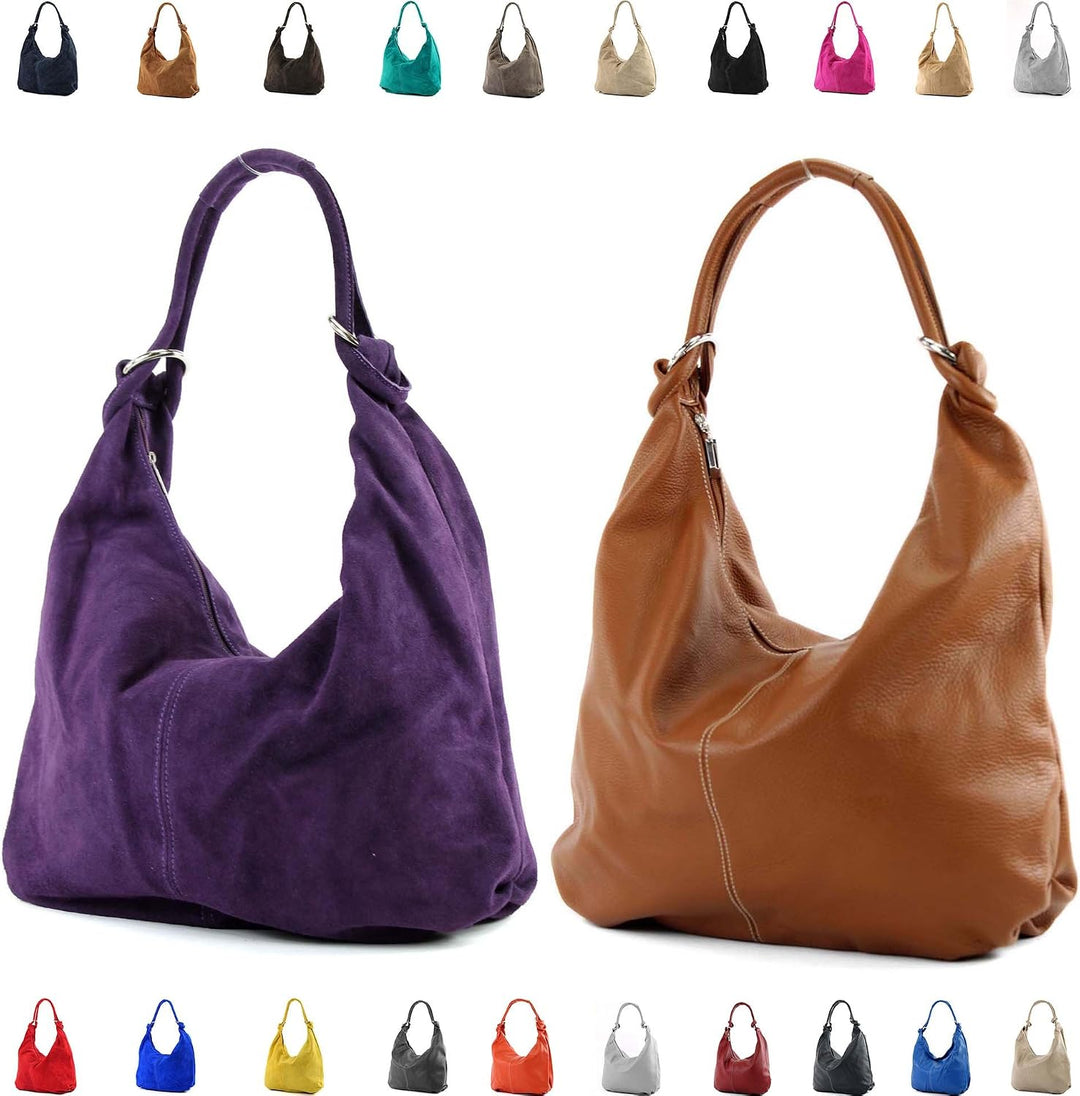 modamoda de 337 Damen Leder Schultertasche, 45x34x3 cm, Shopper Hobo Bag Gross, handmade in Italy Bl