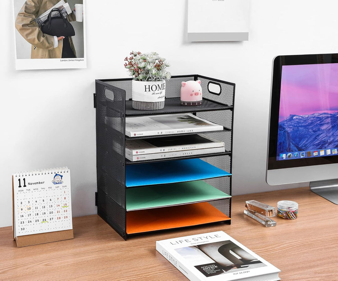 6 Ebenen Papier Organizer Briefablage Organizer, Mesh Metall Schreibtisch Akten Organizer mit Griff,