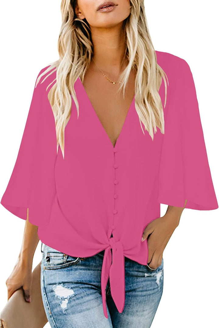 Roskiky Damen Bluse Chiffon Elegant V-Ausschnitt Bell Sleeve Fledermausärmel Oberteile Hemd Loose To