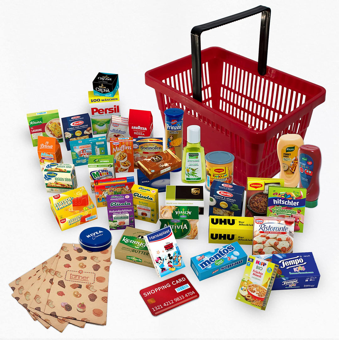 Tanner - Der kleine Kaufmann DEKO Kaufladen Set 42-teilig Rot Supermarktkorb mit Inhalt, Rot Superma