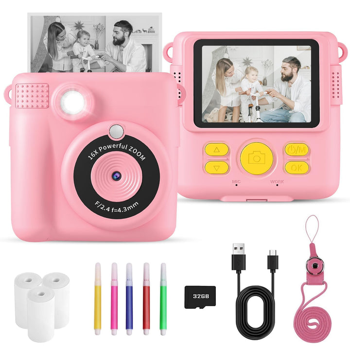 YKSLEMON Kinderkamera Sofortbildkamera, 2,4'' Bildschirm Sofortbildkamera Kinder, 24MP-1080P Digital