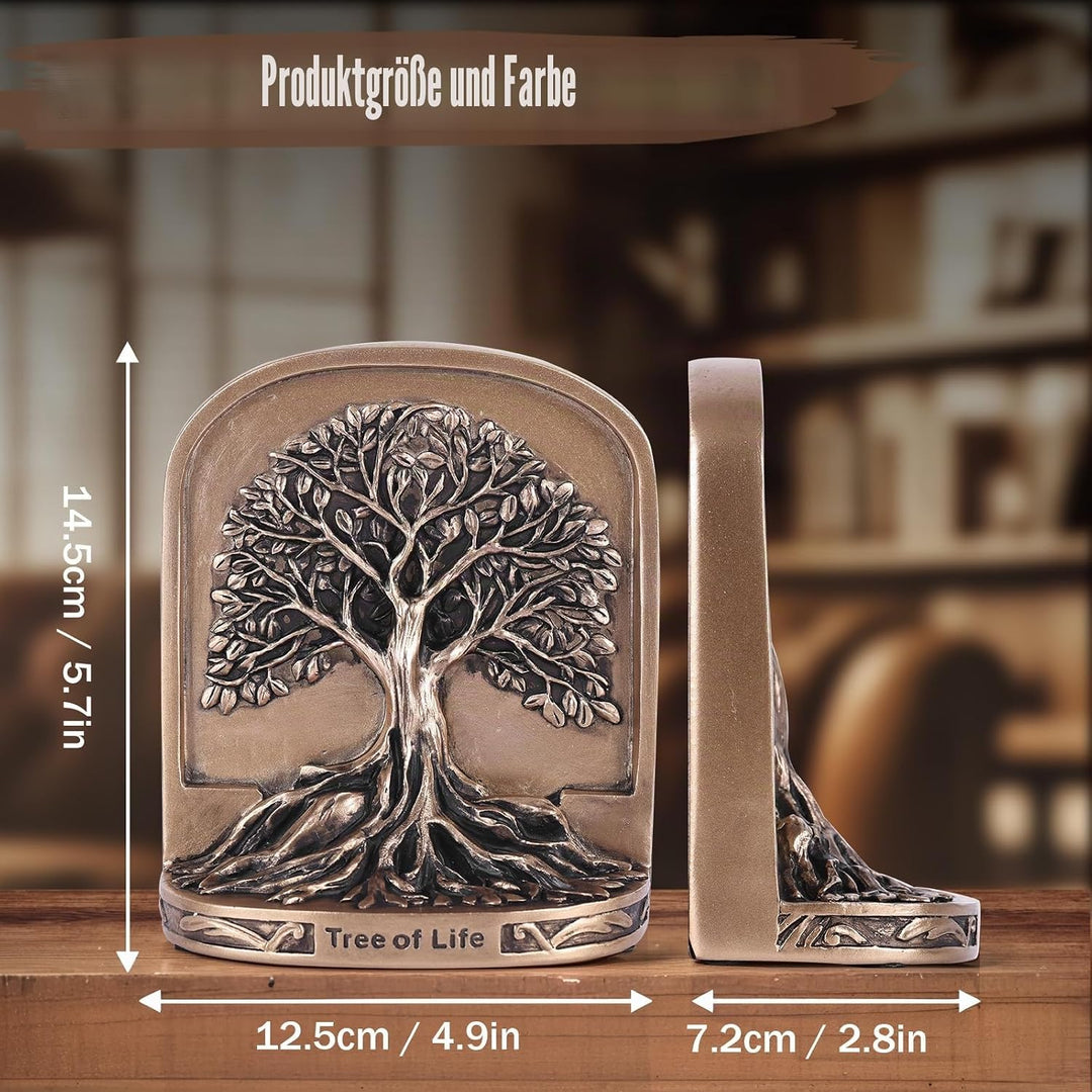 Schwere Buchstützen Baum des Lebens aus Kunstharz - 2er Set in bronzefarbener Optik mit Rutschfester