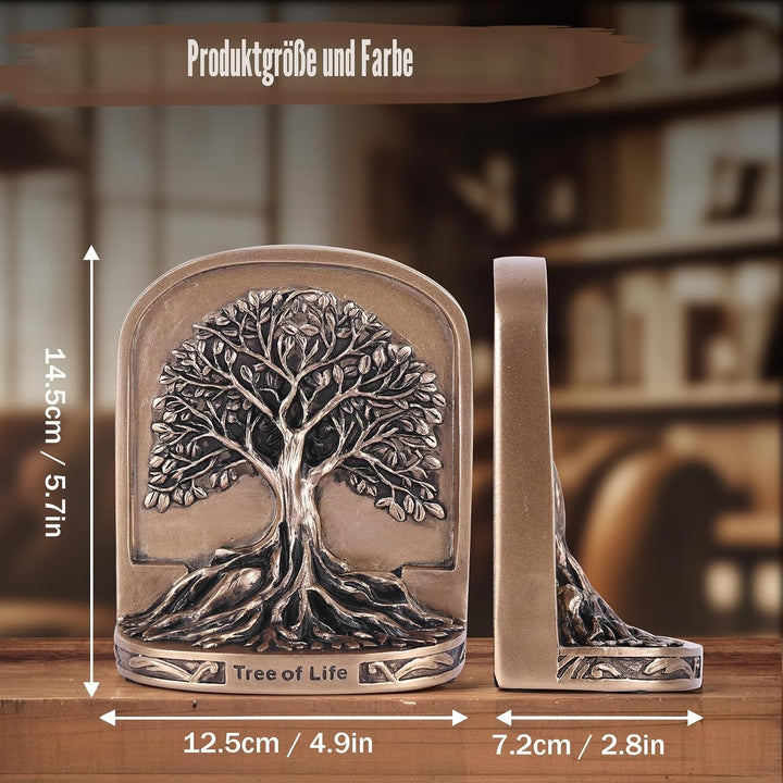 Schwere Buchstützen Baum des Lebens aus Kunstharz - 2er Set in bronzefarbener Optik mit Rutschfester