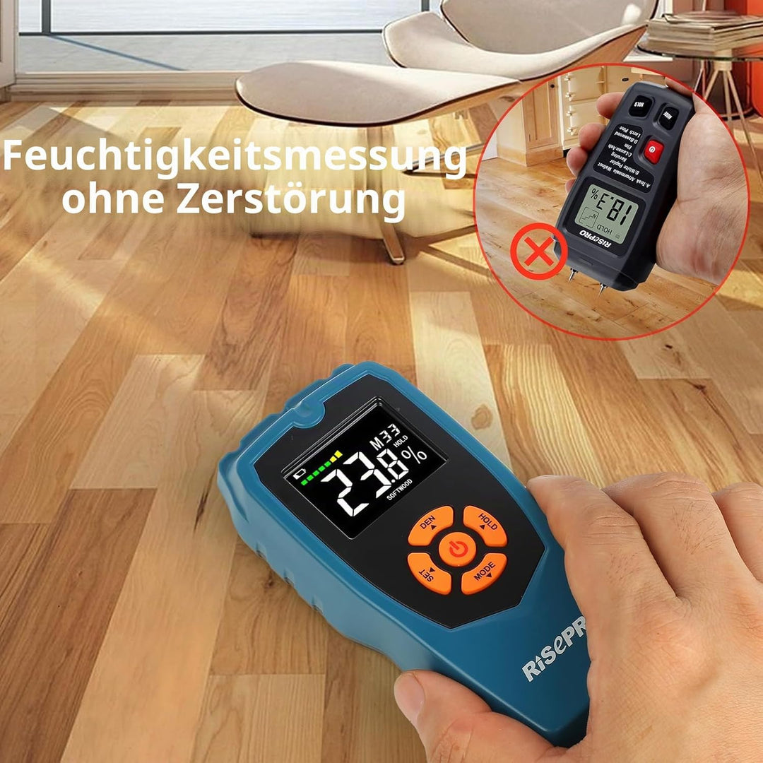 RISEPRO Holzfeuchtemessgerät Stiftloser zerstörungsfreier Holzfeuchtedetektor-Scanner für Brennholz,