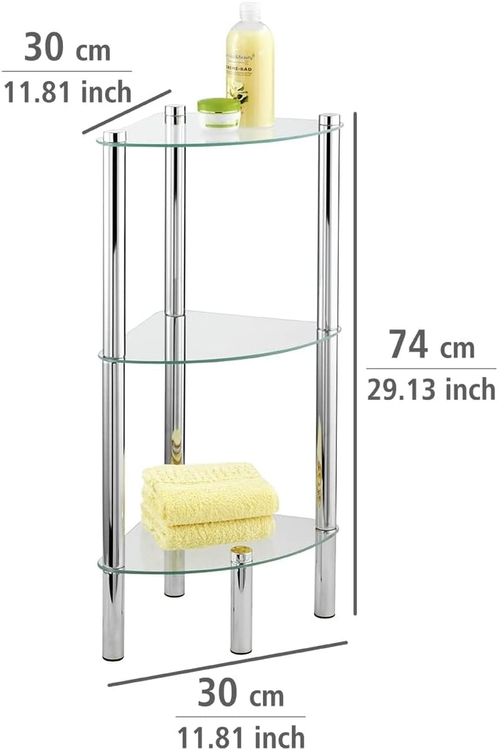 WENKO Eckregal Yago mit 3 Glasablagen - Badregal, Edelstahl rostfrei, 30 x 74 x 30 cm, Glänzend 3 Et