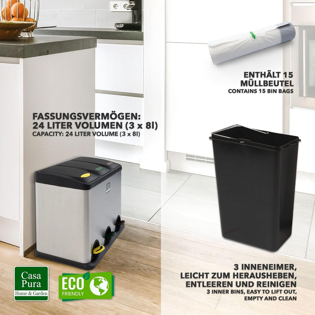 Floordirekt Mülleimer 2 oder 3 Fächer 24 L aus Edelstahl für Haushalt inkl. 15 Müllbeutel | Abfallei