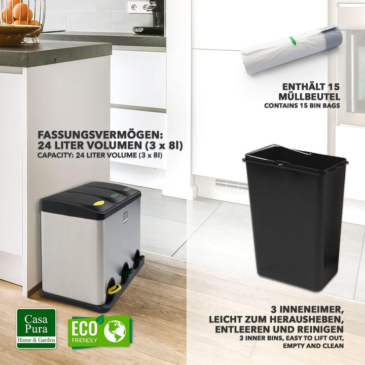 Floordirekt Mülleimer 2 oder 3 Fächer 24 L aus Edelstahl für Haushalt inkl. 15 Müllbeutel | Abfallei