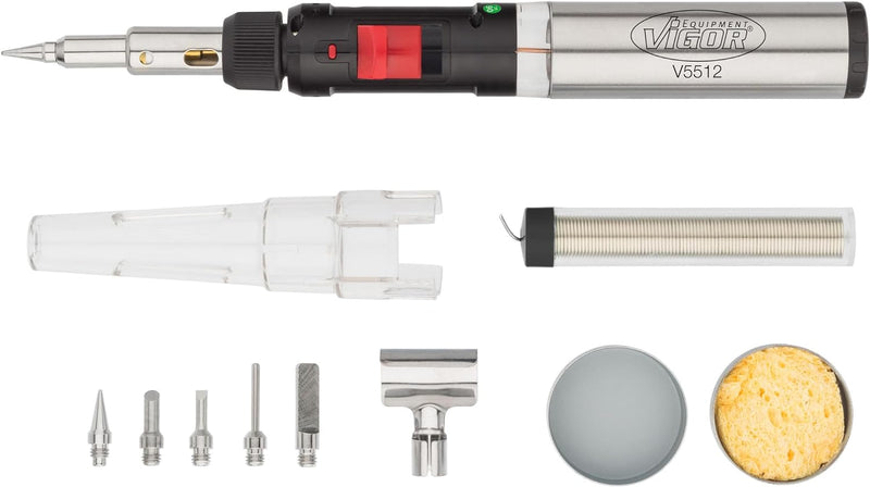 Vigor Gas Lötkolben-Satz (7 verschiedene Adapter, kombiniert Lötkolben, Brenner und Heissluftfön, 12