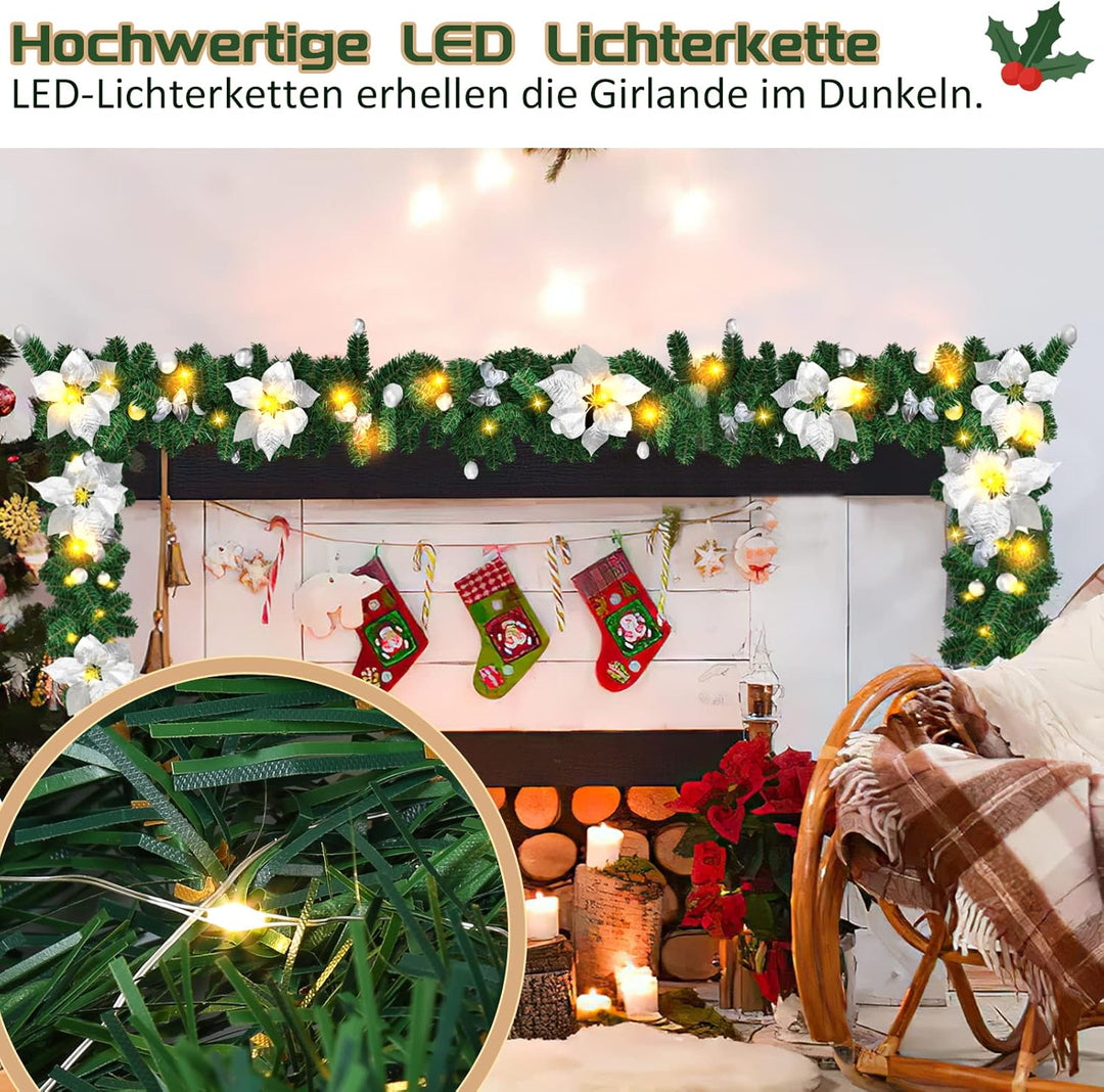 Weihnachtsgirlande mit Beleuchtung, Tannengirlande 270cm Weihnachtstürdekor Künstlich, mit Blumen un