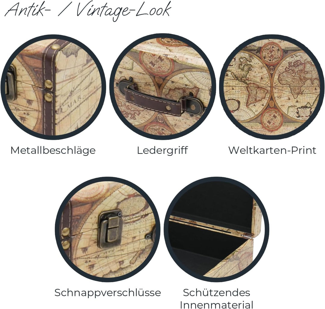 HMF VKO104 Vintage Koffer aus Holz | 44 x 32 x 16 cm | Gross | Deko Weltkarte Farbe 44 cm Weltkarte