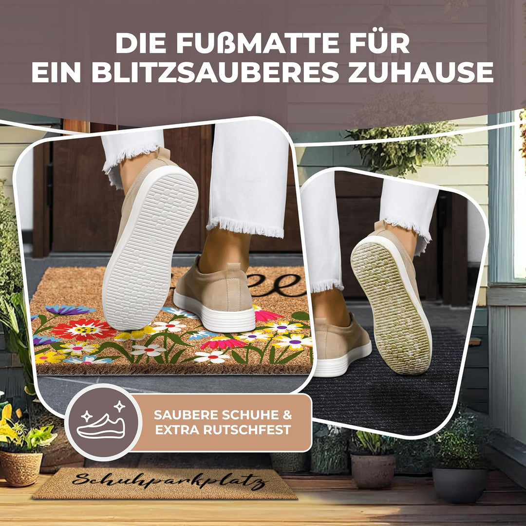 Fussmatte Kokos 60x40cm Blumen I Extra langlebige & rutschfeste Kokosmatte für Innen & Überdachte Au