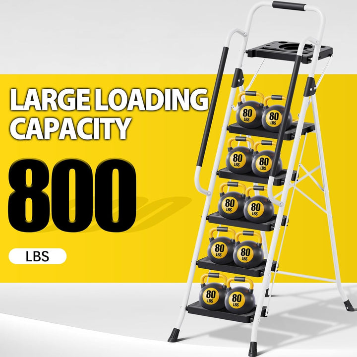 KINGRACK Trittleiter 5 Stufen klappbar, Leiter 5 Stufen 360 kg Tragfähigkeit, mit Werkzeugtray, Hand