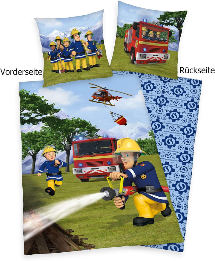 Herding FEUERWEHRMANN SAM Bettwäsche-Set, Wendemotiv, Kopfkissenbezug 80 x 80 cm, Bettbezug 135 x 20