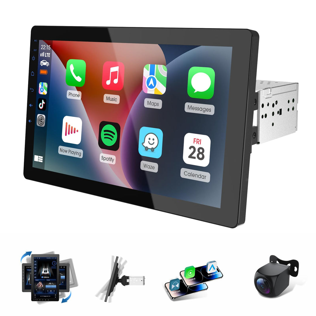 1Din Autoradio, mit 10.1 Zoll drehbar Bildschirm,Kompatibel mit Wireless Apple CarPlay und Android A