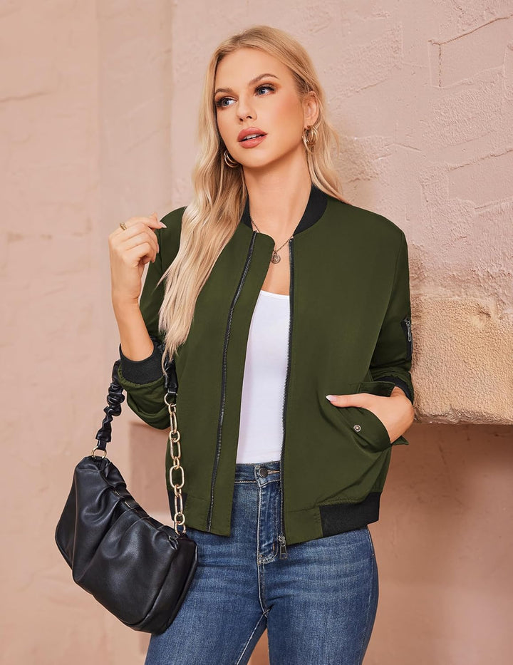 Zeagoo Bomberjacke Damen Kurz Blouson Jacket leichte Fliegerjacke Langarm Casual Frühling Pilotenjac