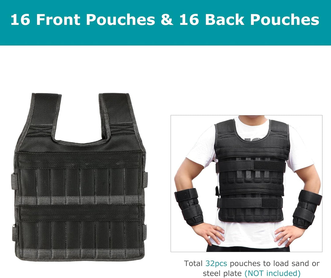 35kg Gewichtsweste mit 6kg Bein- und 5kg Armgewichten, Verstellbare Trainingweste mit 32 Taschen, Me