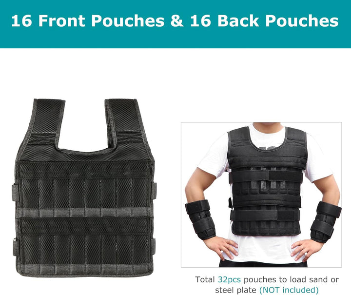 35kg Gewichtsweste mit 6kg Bein- und 5kg Armgewichten, Verstellbare Trainingweste mit 32 Taschen, Me
