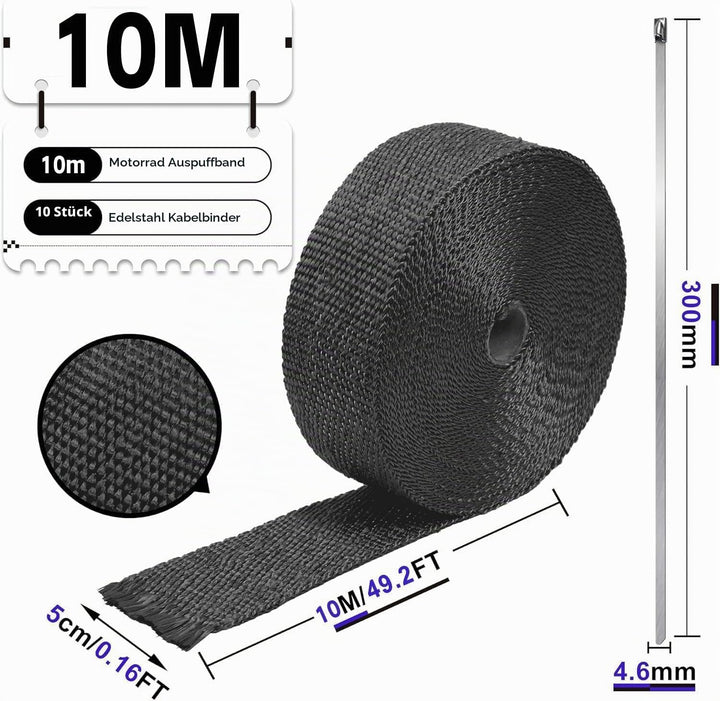 Hitzeschutzband Auspuff, Foneso 10M Hitzeschutzband, Schwarz Hitzeschutzband mit 10 Kabelbinder Edel