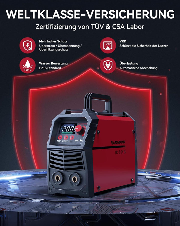ARCCAPTAIN ARC 200 Schweissgerät: 200A IGBT DC Schweissgerät mit LED-Anzeige, Synergetische Steuerun