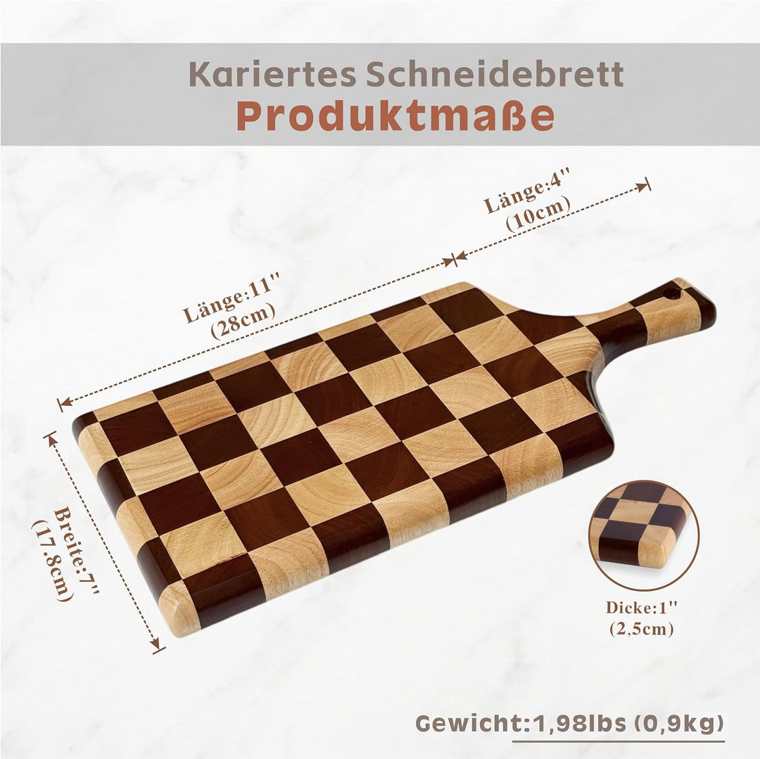 Kariertes Schneidebrett aus Holz mit Griff, Akazienholz | 38 x 18 x 2,5 cm | Käse- und Wurstbrett |