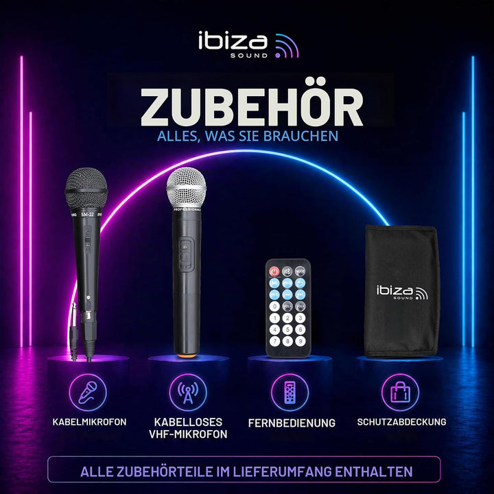 Ibiza - PORT10VHF-BT - Tragbarer Lautsprecher 10"/500W MAX mit 2 Mikrofonen (kabelgebunden und VHF),