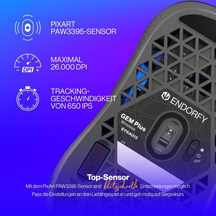 ENDORFY GEM Plus Wireless, Leichte kabellose Gaming-Maus (74 g), PixArt PAW3395 Sensor der Spitzenkl
