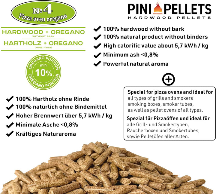 PINI Hartholz Pellets № 4 BBQ Pizza Oven Oregano 10 Kg Grillpellets zum Grillen Räuchern Smoken und