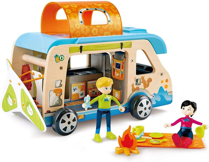 Hape Abenteuer-Van | Wohnmobil mit Puppen und Zubehör, der Camper ist aufklappbar, ab 3 Jahren