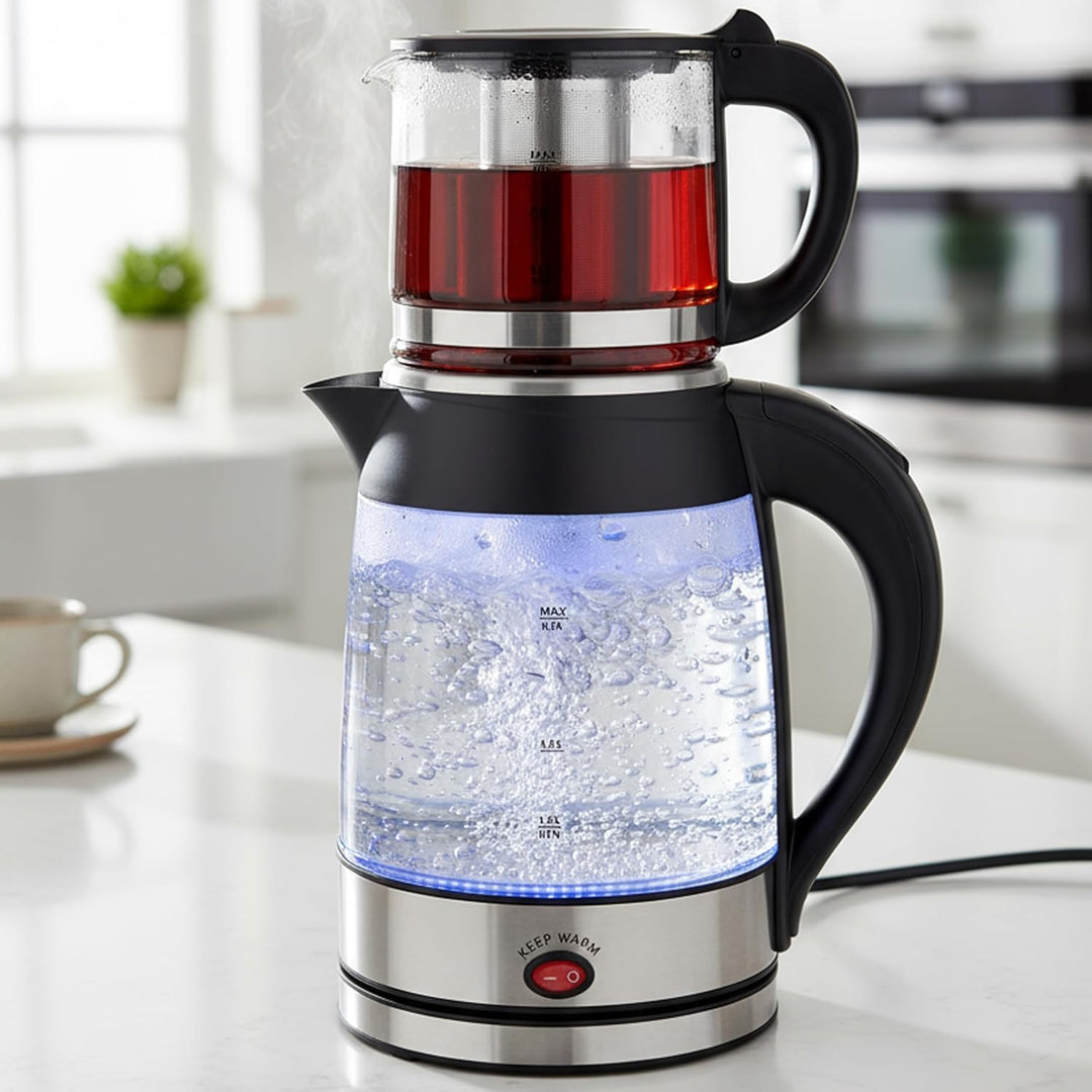 Siberg Teekocher Set 3-in-1 – Türkische Teemaschine mit 1,8L Wasserkocher, 800ml Glaskanne, 2200W Le