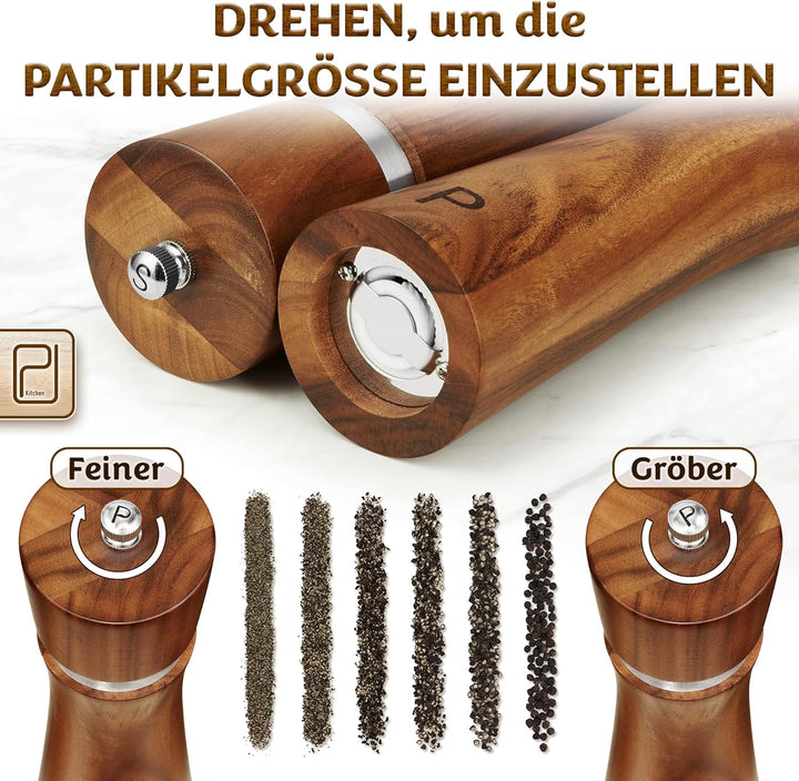 Salz- und Pfeffermühlen Set aus Akazienholz mit Tablett - 60 g pro Stück - Hohe Nachfüllbare Manuell