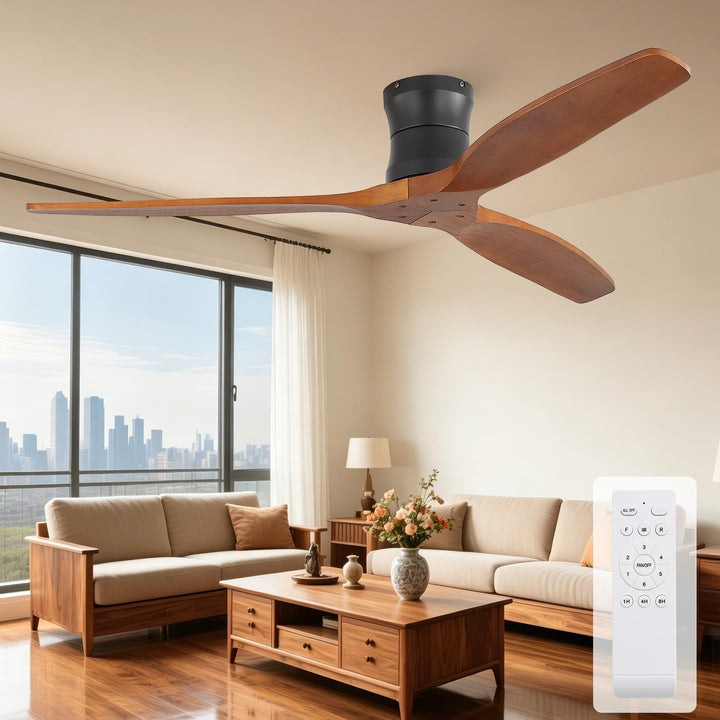 Sofucor 132cm Deckenventilator mit Fernbedienung, Massivholz Deckenventilator ohne Licht, Leise DC M