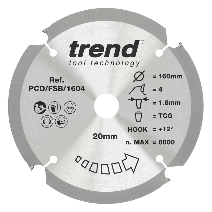 Trend Faserplatten-Sägeblatt PCD, 165mm Durchmesser x 4 Zähne x 20mm Bohrung, polykristalline Diaman