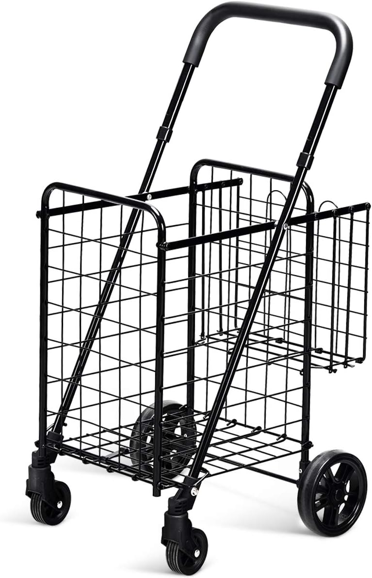 GOPLUS Klappbarer Einkaufswagen, Einkaufstrolley mit Verstellbarem Griff & 4 Universalrädern, Rollwa