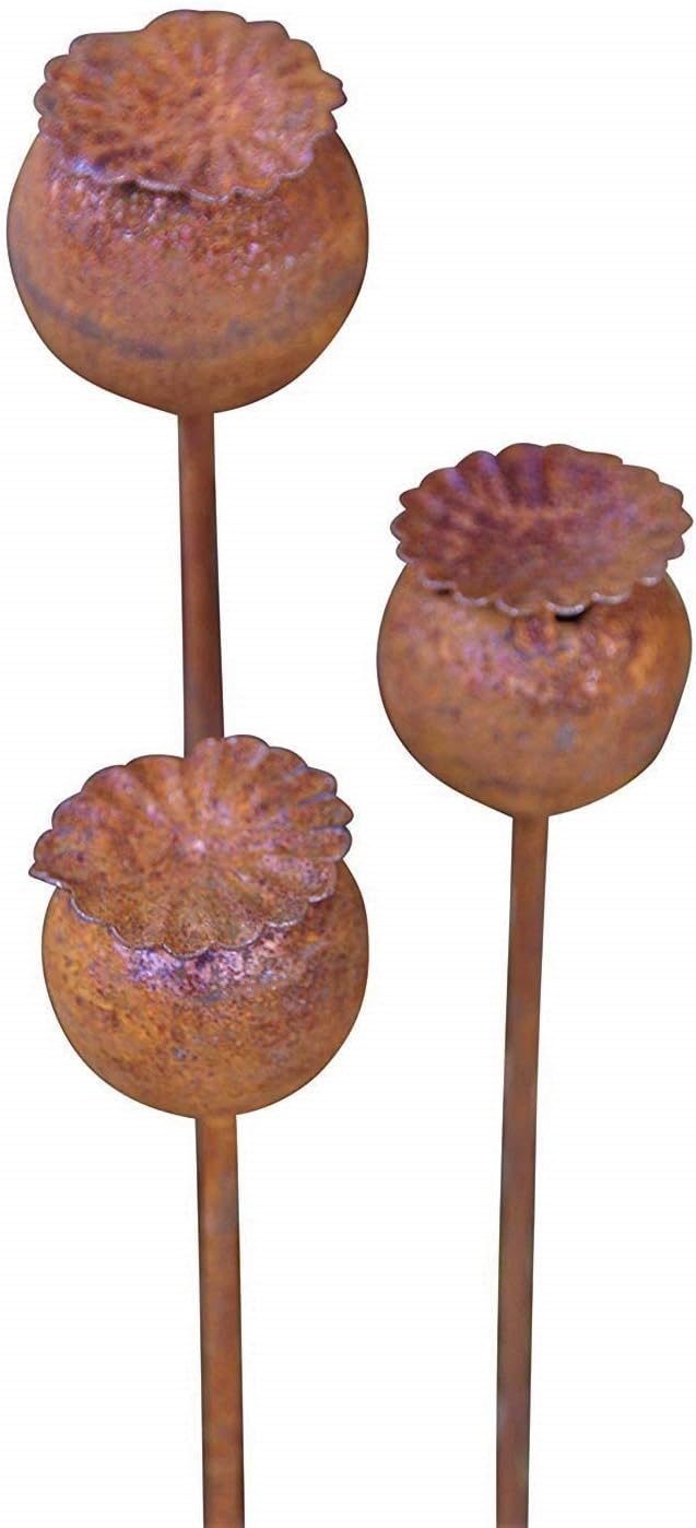 Bornhöft 3er Set Gartenstecker Mohn Mohnkapsel Metall Rost Gartendeko Edelrost Rankstab Beetstecker
