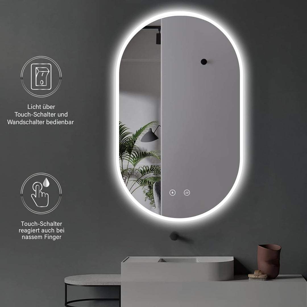 90x50 cm Badspiegel mit Beleuchtung Oval mit Antibeschlag, Badezimmer Spiegel mit LED, Wandspiegel L