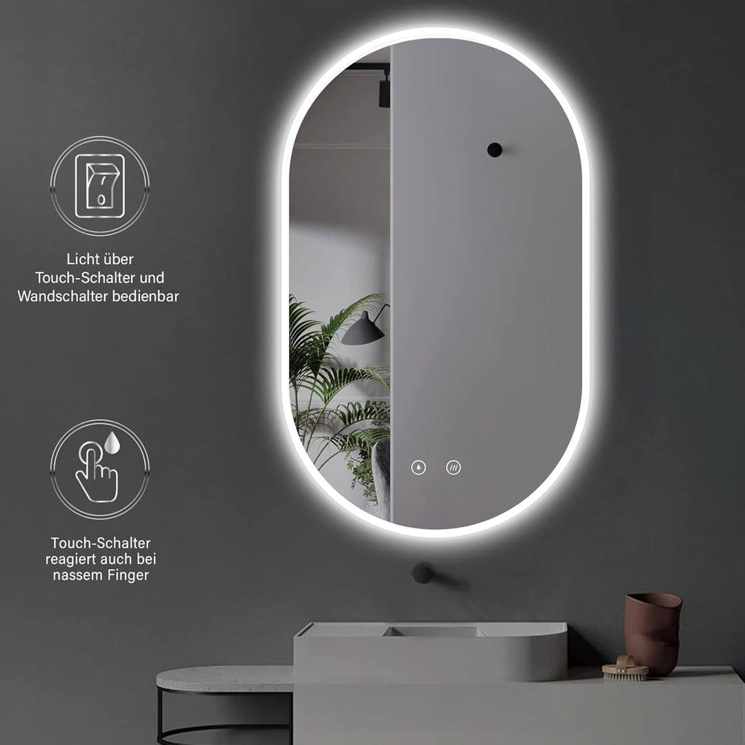 90x50 cm Badspiegel mit Beleuchtung Oval mit Antibeschlag, Badezimmer Spiegel mit LED, Wandspiegel L