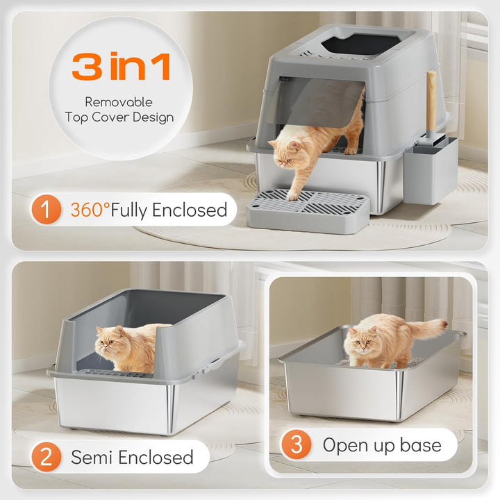 Edelstahl Katzenklo mit Deckel, 110° Flip-Cover Design XXL Geschlossen Katzentoilette aus Edelstahl,