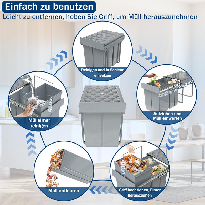 UISEBRT Mülleimer Küche Unterschrank Einbau Abfalleimer Ausziehbar Mülltrennsystem mit Rutsche Kunst