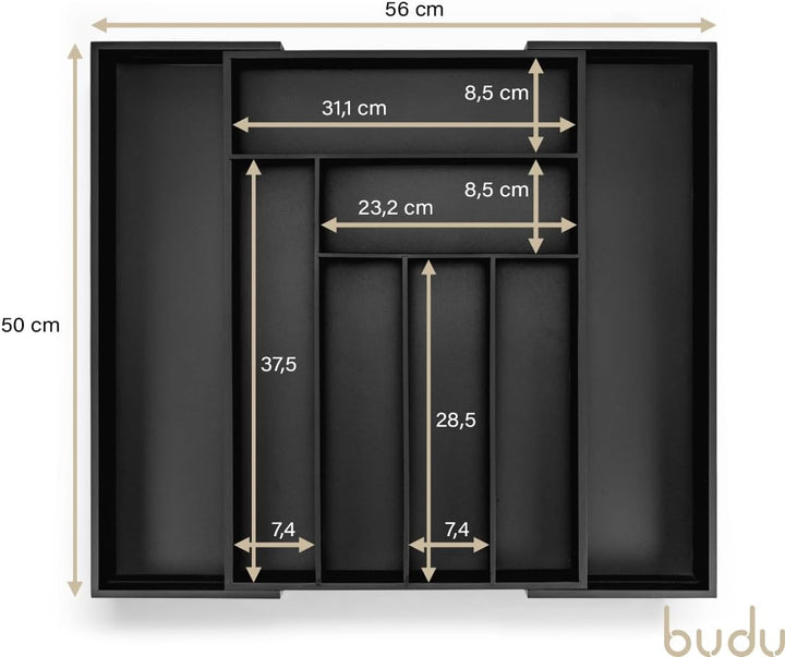 budu Besteckkasten #50 (Tiefe 50cm) aus Bambus - Schwarz - Schubladen Ordnungssystem für die Küche -
