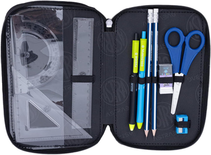 ASTRABAG Blue Pixel 3-Fach Mäppchen Federmappe Gefüllt dreifaches Federmäppchen, Schüleretui 3-stöck