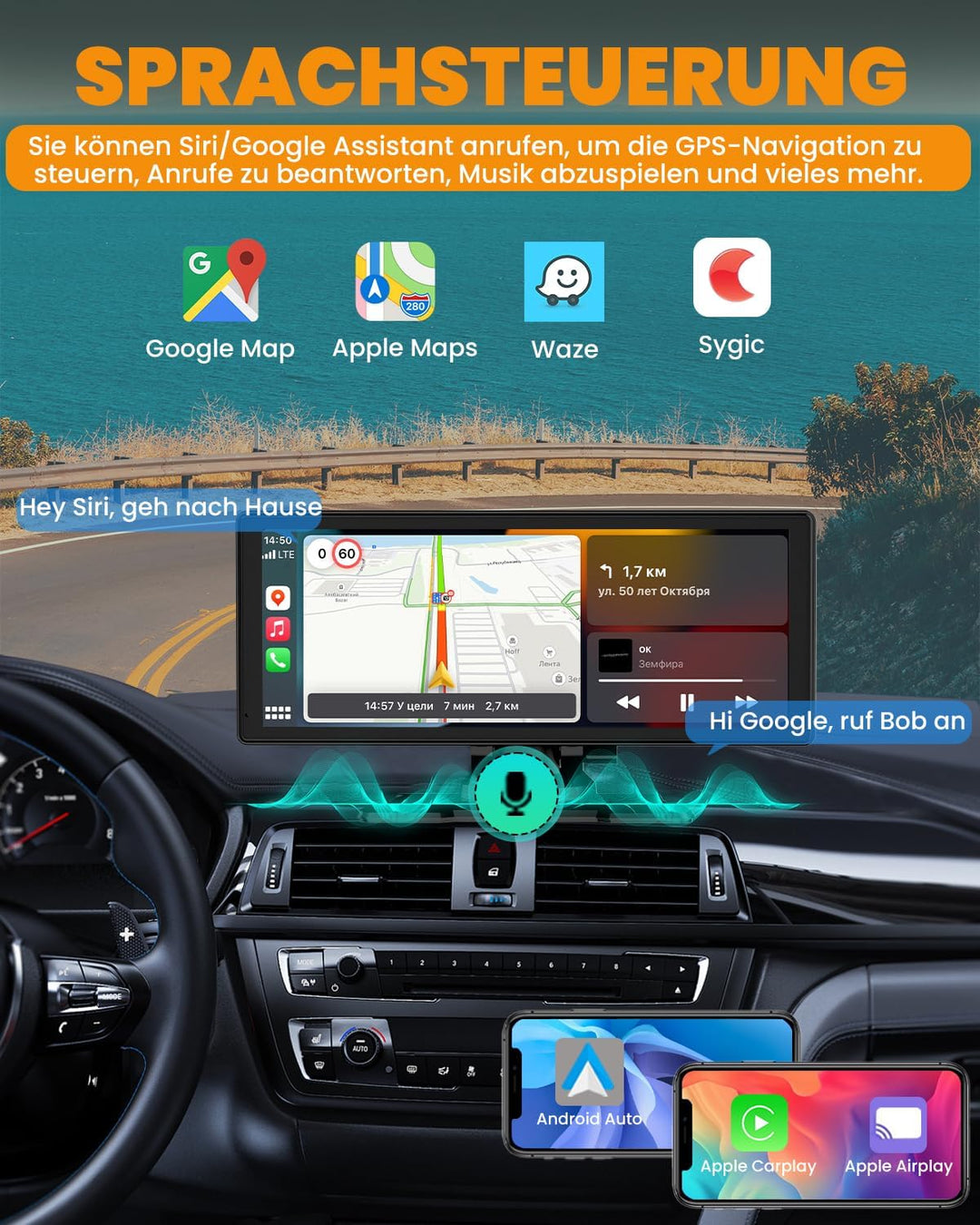 Carplay Display, 8.88" Apple Carplay, Android Auto Display mit 1080P HD Rückfahrkamera & Frontkamera
