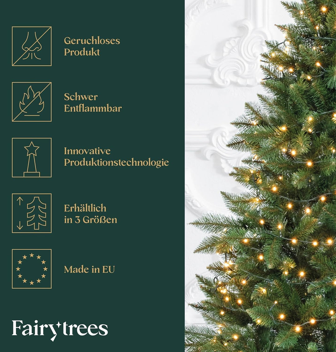 FAIRYTREES künstlicher Weihnachtsbaum NORDMANNTANNE, grüner Stamm, Material PVC, inkl. Holzständer,