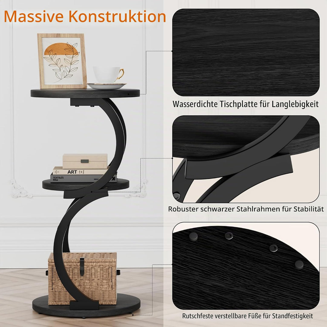 JUSTOGO Beistelltisch Rund, S-förmiges 3-stufiger Couchtisch, Kleiner Tisch Holz, Metall Nachttisch