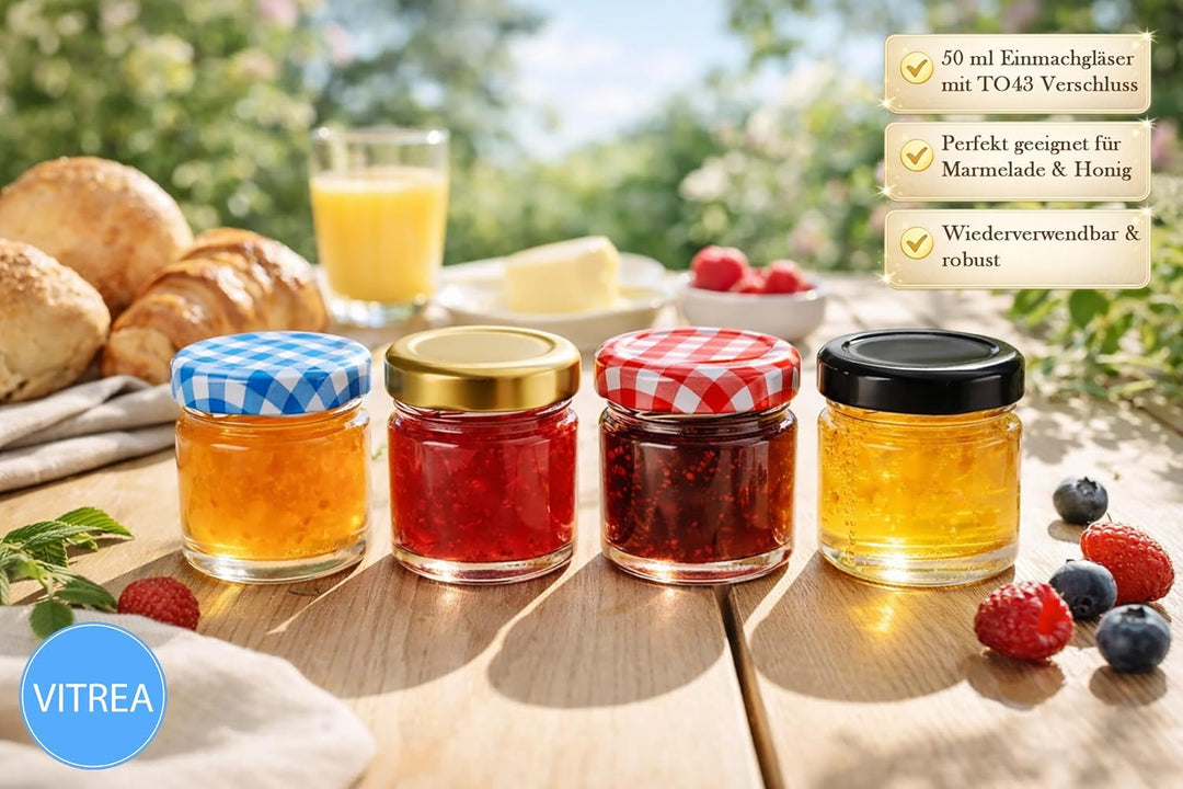 Vitrea 100x Mini Marmeladengläser 50 ml - mit Deckel Blau Kariert TO 43 - kleine Einmachgläser zum b